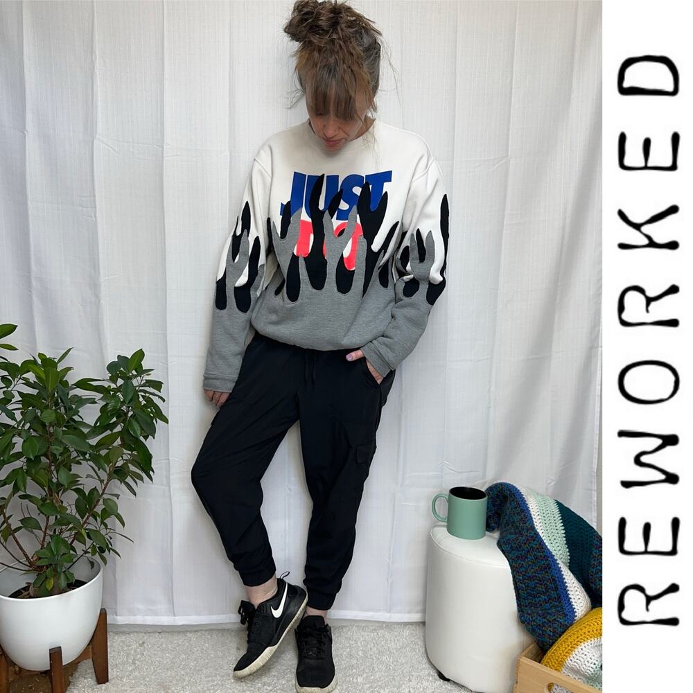Reworked Y2K Nike Flame Sweatshirt Pullover Just Do It Custom Sweater Sz: L